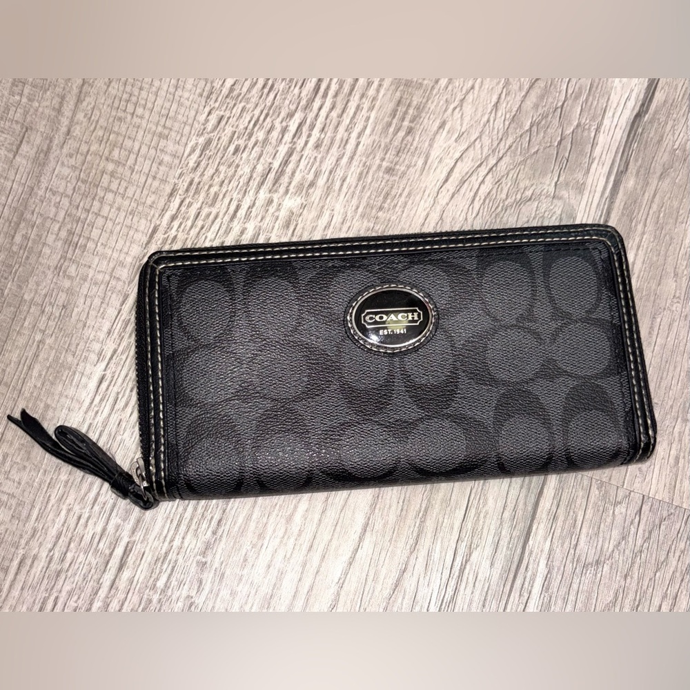 Coach Black Signature Zip Around Wallet with Tassel
